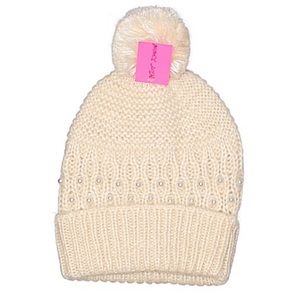 BETSEY JOHNSON IVORY PEARL KNIT BEANIE HAT